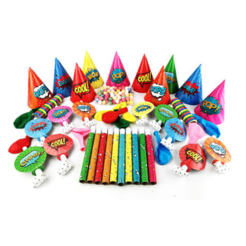 Kit Cotillons Fête Noir Et Or Pour 10 Personnes - Sarbacanes, Chapeaux, Serpentins, Confettis, Loups