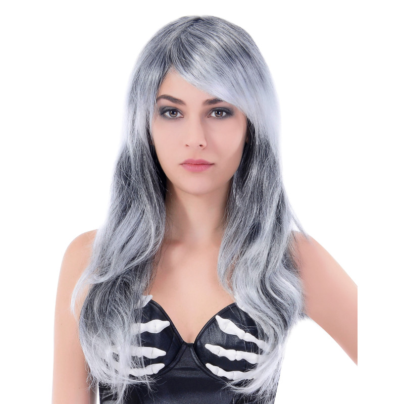 Perruque Longue Ondulée Noir PRISCA1B - Synthétique, Raie Libre - Taille Moyenne