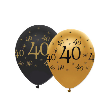 6 Ballons noirs et dorés de 30 cm  en latex de 40 ans