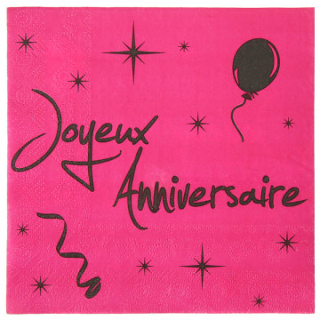 Lot de 20 serviettes fuschia Joyeux Anniversaire