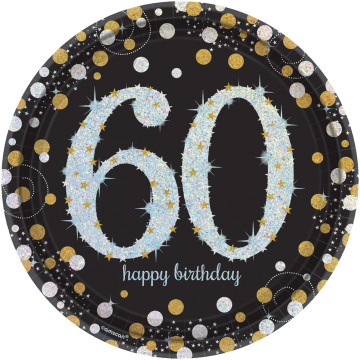 Lot de 8 assiettes jetables Sparkling Celebration 60 ans en carton D 23 cm