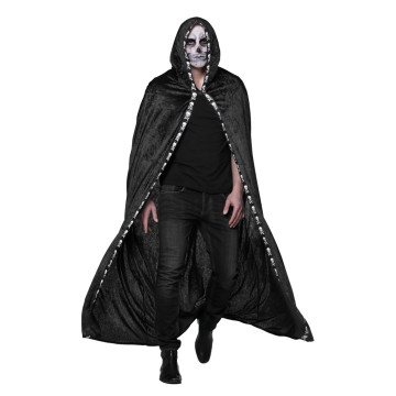 Cape noire longue brodée avec tête de mort Halloween