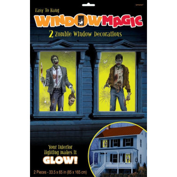 Lot de 2 Décorations de fenêtre Zombie phosphorescent Halloween 85 cm x 1,65 m