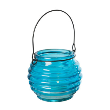 Photophore rond en verre bleu avec anse