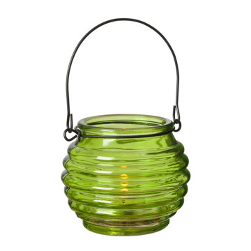 Photophore rond en verre vert avec anse
