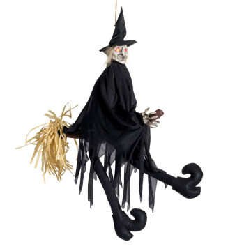 Sorcière animée et sonore sur son balai Halloweeen