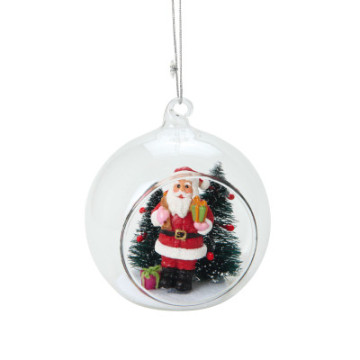 Boule de Noël ouverte avec père Noël et sapin D 8 cm