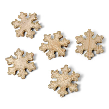 Lot de 5 Flocons bois cérusé cuivre pailleté 6 cm