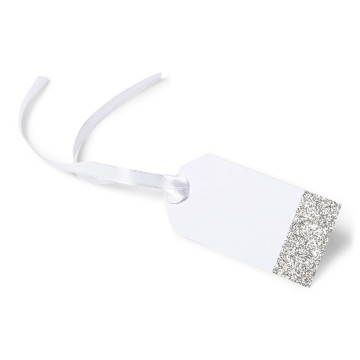 Lot de 8 étiquettes déco bord pailleté argent 8 x 4 cm