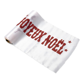Chemin de table blanc Joyeux Noël rouge pailleté 28 cm x 5 m