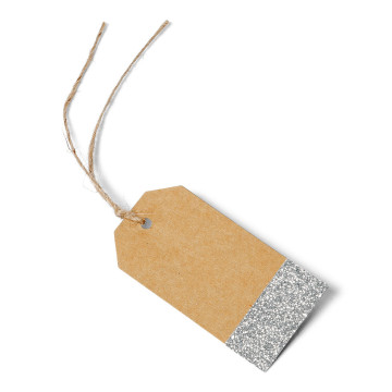 Lot de 8 étiquettes déco kraft/argent pailleté+ ficelle 8 x 4 cm