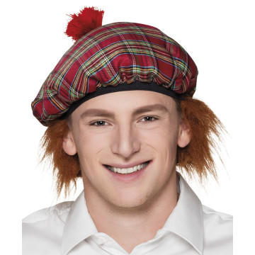 Béret écossais Tartan rouge avec cheveux