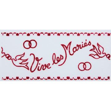 Tulle blanc Vive les Mariés floqué bordeaux 10 cm x 40 m