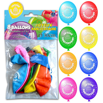 Lot de 8 ballons de baudruche en latex Joyeux Anniversaire multicolores