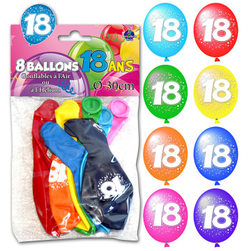 Lot de 8 ballons de baudruche en latex 18 ans muliticolores