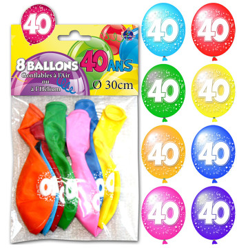 Lot de 8 ballons de baudruche en latex 40 ans muliticolores