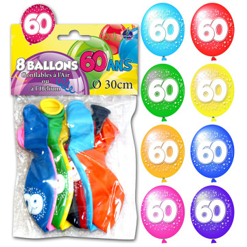 Lot de 8 ballons de baudruche en latex 60 ans muliticolores