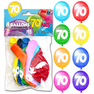 Lot de 8 ballons de baudruche en latex 70 ans muliticolores