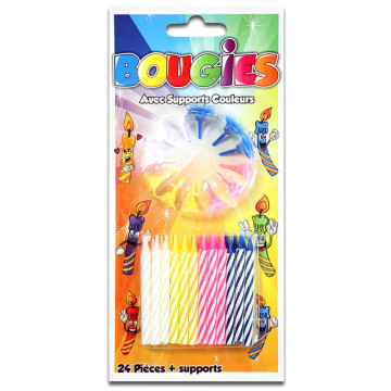 Lot de 24 bougies multicolores avec supports couleurs support assorties