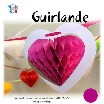 Guirlande 10 cœurs fuschia alvéolés sur ruban 4 m