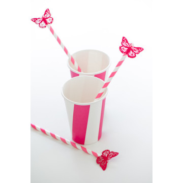 Lot de 20 pailles en carton fuschia à rayures blanches 19,2 x 0,6 cm